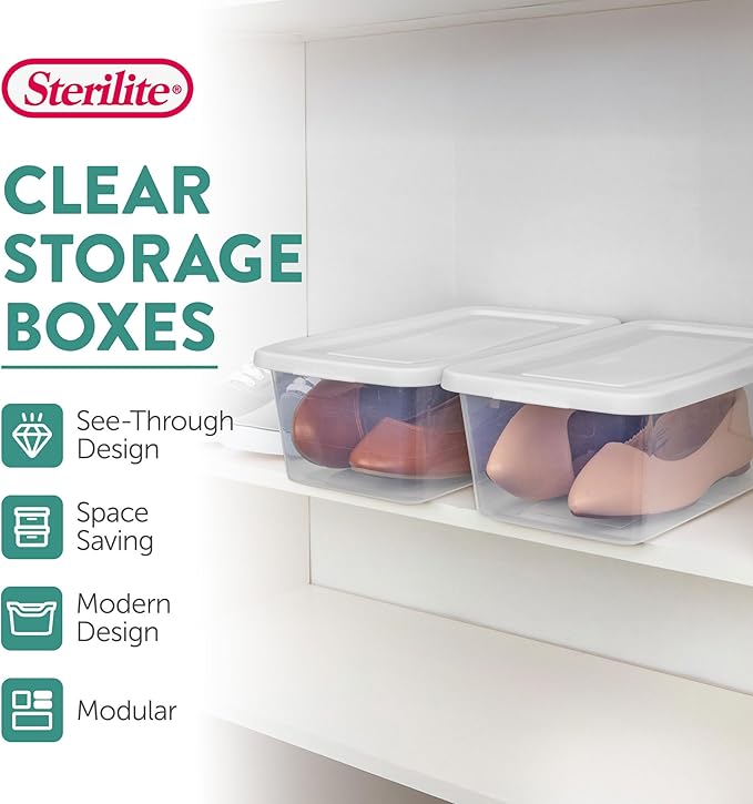Sterilite 12-Pack 6 Quart Storage Box, Stackable Clear Plastic Bins with Snap-On Lids - Heavy-Duty Organizing Containers for Closet, Bathroom, and Office