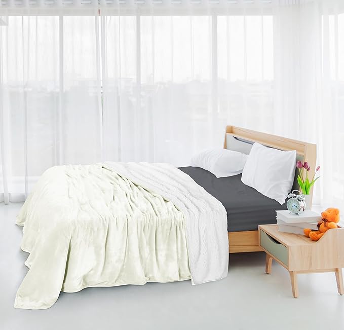 Utopia Bedding Sherpa Blanket Queen Size (Ivory, 90x90 Inches) - Soft Lightweight Plush Fleece Reversible Blanket for Bed, Sofa, Couch, Camping and Travel