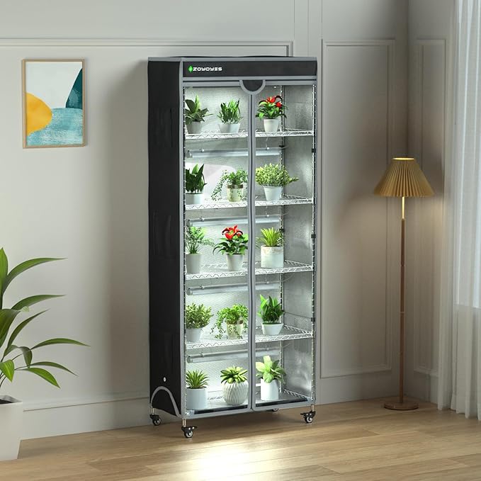 Indoor Greenhouse 6-Tier Plant Rack with Cover, 5 T8 Grow Lights, Thermometer & Timer – Seedlings, Flowering, Herbs & Vegetables, Indoor Gardening, Easy Assembly 29.8" L x 13.9" W x 71.8" H