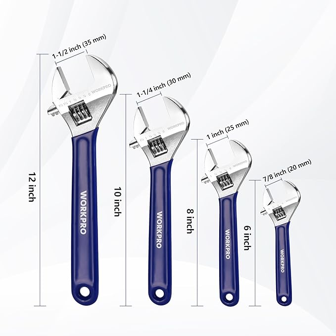 WORKPRO Adjustable Wrench Set, 6-inch, 8-inch, 10-inch, 12-inch Wide Jaw Wrenches with SAE and Metric Scales, Rubber Grip, Heat-Treated Steel for Home Repairs, Plumbing, and Garage Work