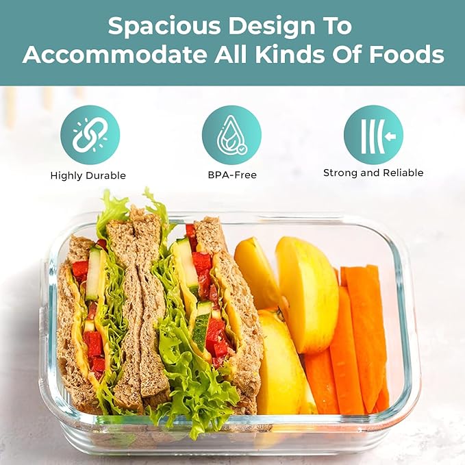 Razab 35 Pc Set Glass Food Storage Containers with Lids - Meal Prep Airtight Bento Boxes BPA-Free 100% Leak Proof (15 lids,15 glass & 5 Plastic Sauce/Dip Containers)