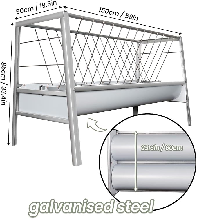 2-in-1 Goat Hay Feeder, Galvanized Steel Livestock Hay Feeder with 30 Gallon Feeding Pan, Detachabe Hay Rack for Sheep, Cow & Horse, Easy to Assemble, Silver