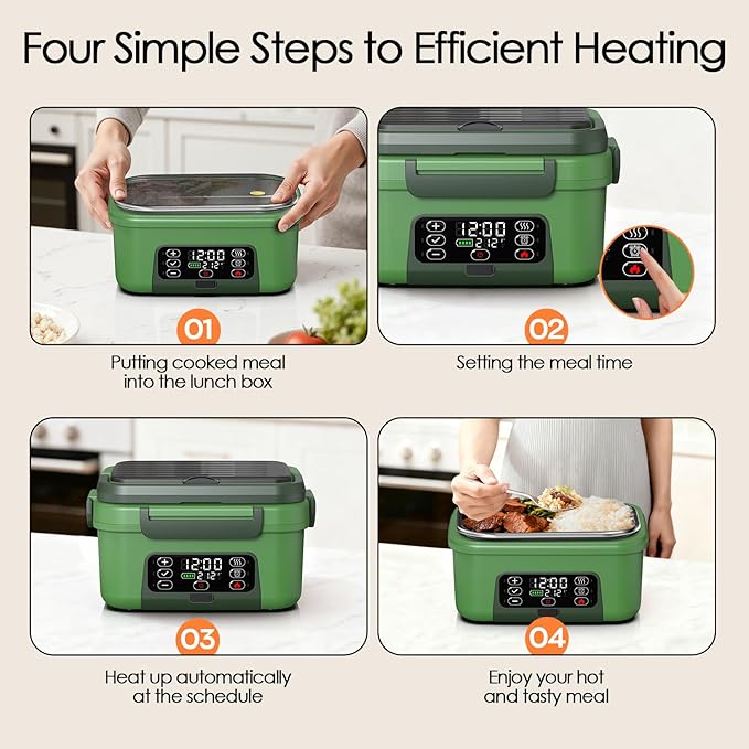Cordless Electric Lunch Box, 6.3 Cup 100W Heated Lunch Box with 20000mAH Battery Powered for Self Heating, Including Fork Spoon and Insulated Bag for Men Women Adults, BPA Free(Dark Green)