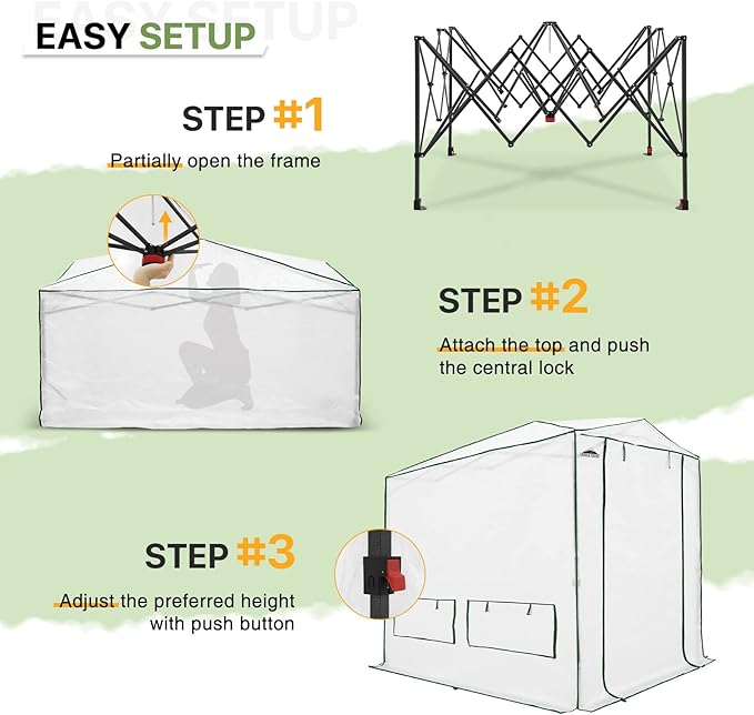 EAGLE PEAK Instant Pop-up Greenhouse, Indoor Outdoor Plant Gardening Green House, Roll-Up Zipper Doors and Side Windows, Heavy Duty Walk in 8x6 ft, Woven PE Top, White