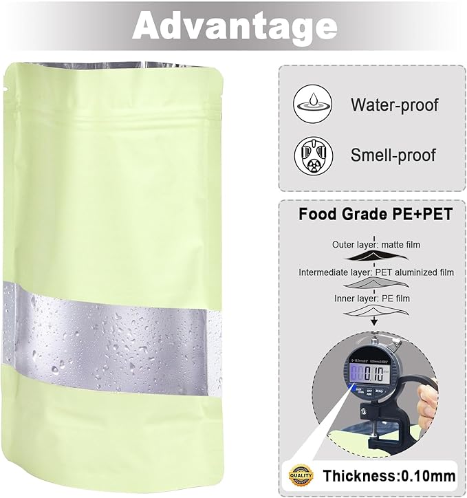 4.7"x7.8" 120pcs Mylar Bags for Food Storage,Smell Proof Bag with Matte Window Resealable Food Storage Bags for Small Business, Stand-up Foil Pouch Packaging Freeze Dried Candy Bag(Beige)