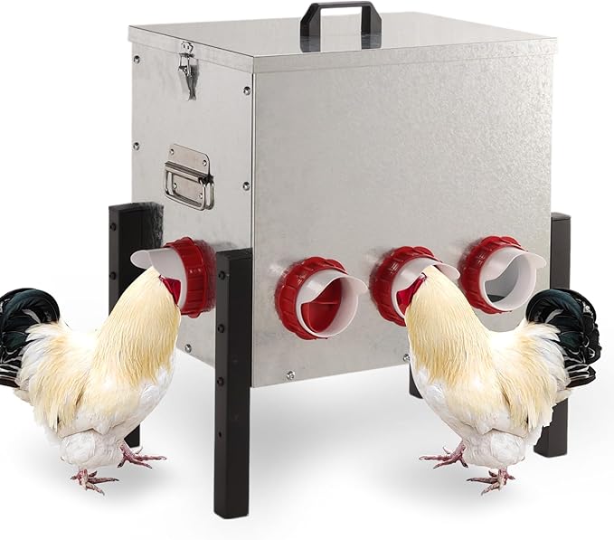 50LB Automatic Chicken Feeder with Cover – Large Capacity Metal Chicken Coop Feeder with 8 Feed Ports, Adjustable Legs Rainproof No Waste Outdoor Poultry Feeder for Hens & Free Range Flocks