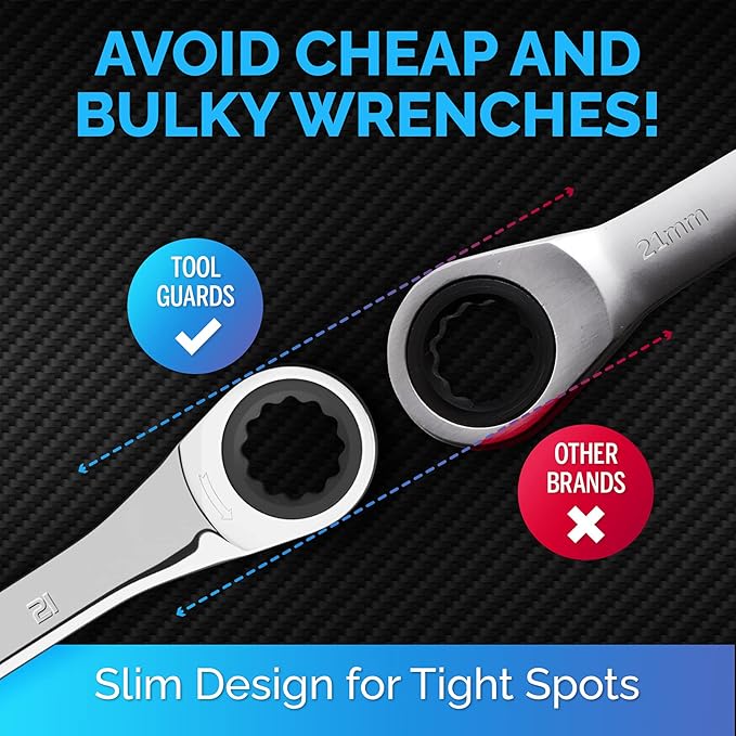 TOOLGUARDS 21mm Wrench - Ratcheting Wrench - Slim Profile - Ratchet Wrench - 100% Lifetime Satisfaction Guarantee