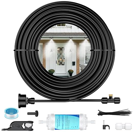 Pawfly Misting System, Misters for Outside Patio 50 ft, Outdoor Misting Cooling System with 15 Brass Mist Nozzles Water Accessories, Patio Mister for Cooling Garden Backyard Greenhouse Trampoline