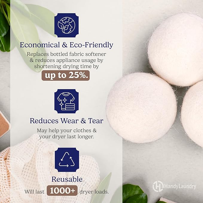 Handy Laundry Wool Dryer Balls - Natural Fabric Softener, Reusable, Reduces Clothing Wrinkles and Saves Drying Time, Better Alternative to Plastic Balls and Liquid Softener (Pack of 12)