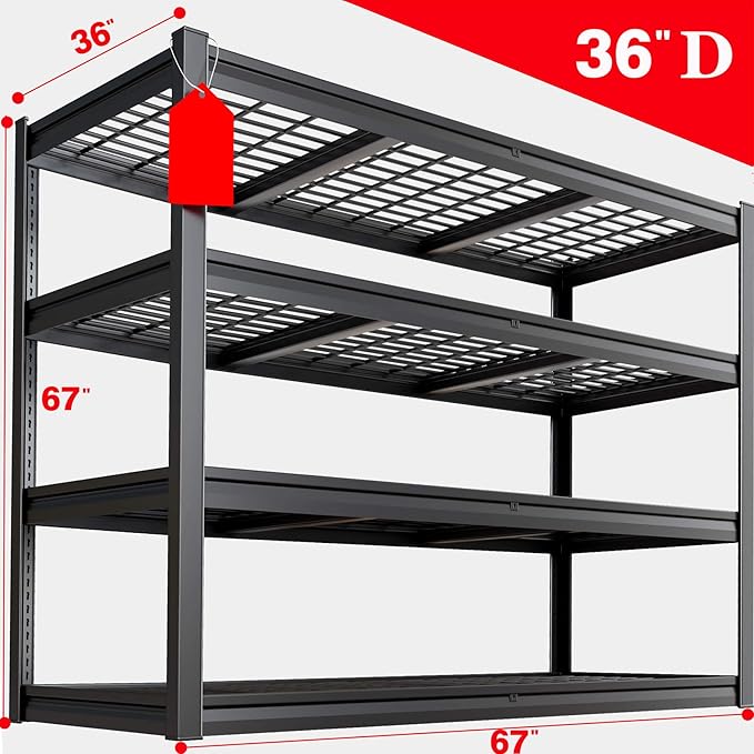 68" W Garage Shelving Unit, 68" W x 36" D x 68" H, 36" Deep Heavy Duty Garage Storage Shelves, 4 Tier Storage Rack Shelf, Industrial Adjustable Shelves for Basement Warehouse