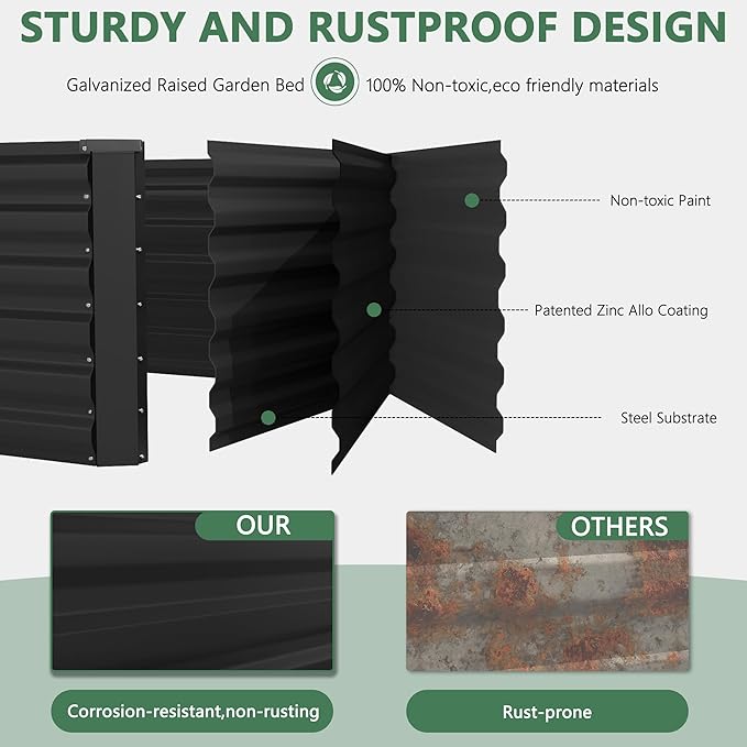 FOOWIN 2pcs 8x4x3ft Galvanized Raised Garden Bed, Planter Raised Garden Boxes Outdoor, Large Metal Raised Beds for Gardening, Garden Bed for Vegetables, Flowers, Herb, Black