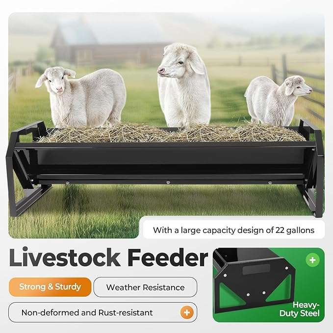 Livestock Feeding Trough 22 Gallon Capacity 45" Hay Feeder Heavy Duty Livestock Trough Feeder Trough for Horse Sheep Cattle Hog V-Shaped Farm Sheds Pen Water Feeder Powder Coated Black Steel