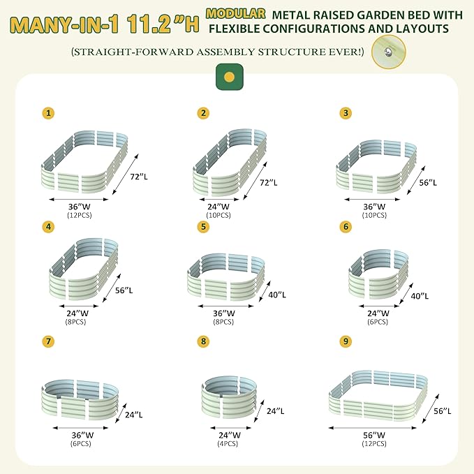 MUPATER 6x3x1FT Galvanized Raised Garden Beds, 11”H Metal Planter Box for Outdoor Plants, Oval Many-in-1 Modular Garden Bed Kit for Herbs and Flowers, Garden, Beige