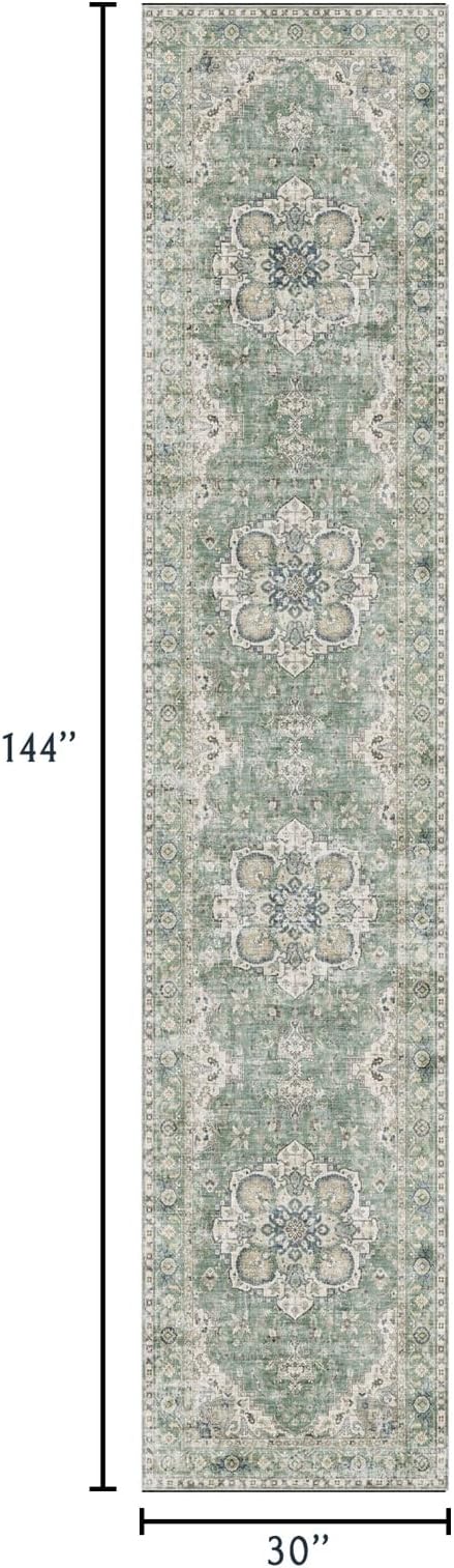 Washable Hallway Runner Rug 2.5x12ft - Long Non-Slip Sage Green Boho Runner Rug Low Pile Soft Vintage Farmhouse Oriental Runners for Hallways Kitchen Living Room Indoor Entryway Bedroom