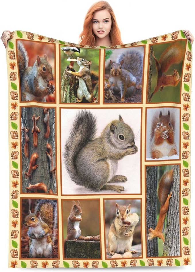 Cute Squirrel Decor Throw Blanket - Super Warm Soft Plush Lightweight Fleece Flannel Animals Blanket for Women, Girls, Boys, Men, Kids - Winter Couch Bedding - 50"X60"
