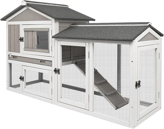 Rabbit Hutch Indoor Outdoor 57 "L Bunny Hutch with Pull Out Tray,2 Story Wooden Rabbit Cage with Asphalt Roof,Guinea Pig Cage with Ventilation Doors,Ramp for Small Animals(Grey)
