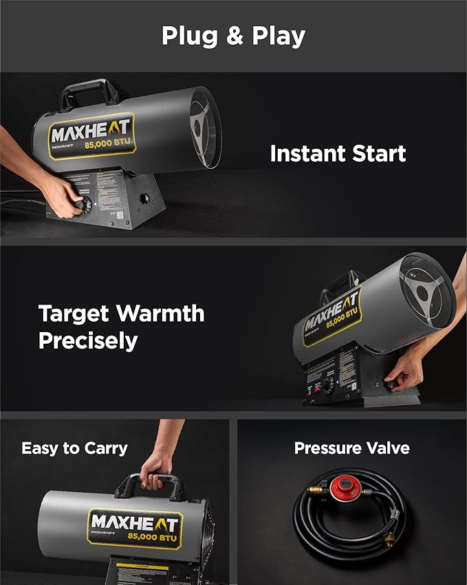 InoKraft Maxheat MH85 85,000 BTU Forced Air Propane Heater, Auto 25-95℉ On/OFF Control, Portable Garage/Shop Heater for Garages, Job Sites - 10ft Hose