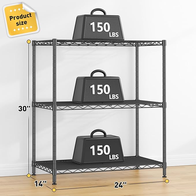 450LBS Storage Shelves 3 Tier Metal Shelving Unit Adjustable Wire Shelving Storage Rack Pantry Shelves for Kitchen Laundry Office Dorm Closet Bathroom 24" W x 30" H x 14" D Black