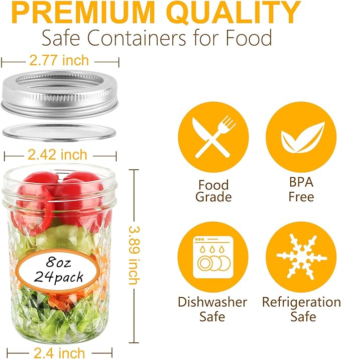 24 Pack Mason Jars 8 oz with Regular Lids and Bands, Half Pint Canning Jars, Small Glass Jars for Honey Jelly Jam Crafts