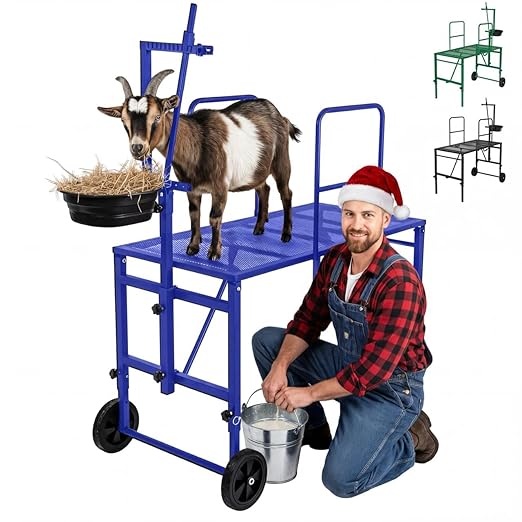 Goat Stand with Adjustable Headpiece & Legs, Goat Milking Stand with Feeder, Rails & Wheels, Stanchion for Grooming & Hoof Trimming, Sheep Stand for Shearing Heavy-Duty Steel Platform, Blue