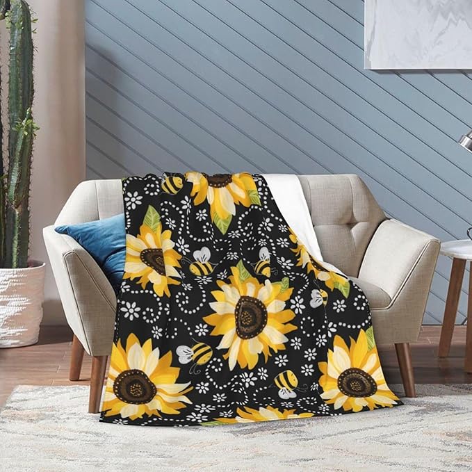 Sunflower Blanket Super Cozy Soft Sunflower Throw Blanket Gifts for Women Girls Warm Plush Fluffy Sunflower Bee Stuff Fleece Flannel Gift Blankets for Kids Adults 60"X50"