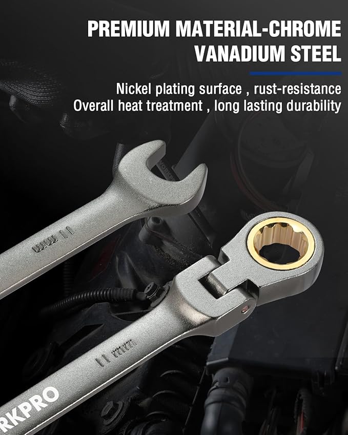 WORKPRO 11 mm Flex-Head Ratcheting Combination Wrench, Cr-V Constructed, Nickel Plating, 72-Teeth, 12 Point Design, Metric