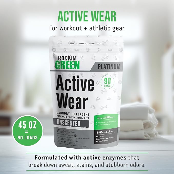 Rockin’ Green Active Wear Laundry Detergent - Unscented Laundry Detergent Powder & Odor Eliminator - Workout Clothes & Sportswear - Safe for Sensitive Skin - 90 Loads