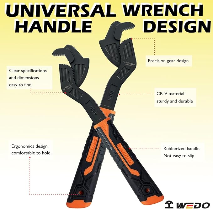 WEDO 12" Universal Adjustable Wrench, Chrome Vanadium Steel, 19-43mm, Anti-slip Rubber Handle, Spring Loaded, Crowfoot Spanner, Pipe Wrench