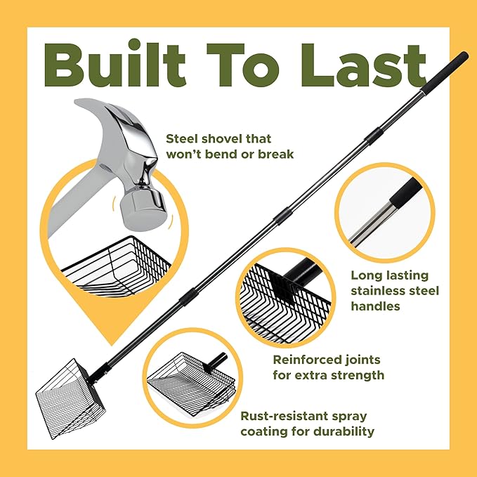 Chicken Poop Scooper for Sand, ¼" Slotted Fine Sifter & Durable Chicken Litter Scoop, Sifting Shovel, Coop Pooper Scooper, Metal Sand Sifter Shovel for Poultry Litter, 2-in-1 Poop Scoop and Rake Tool