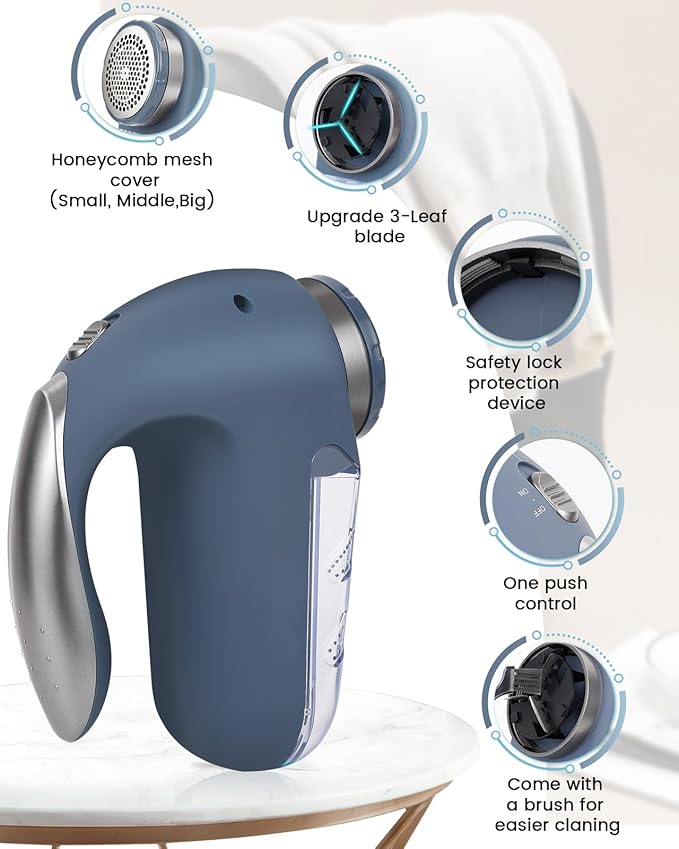 SUPER LINT Electric Sweater Shaver Fuzz Pill Bobble Remover for Fabric Fleece Curtains Clothes, Marine Blue & Silver