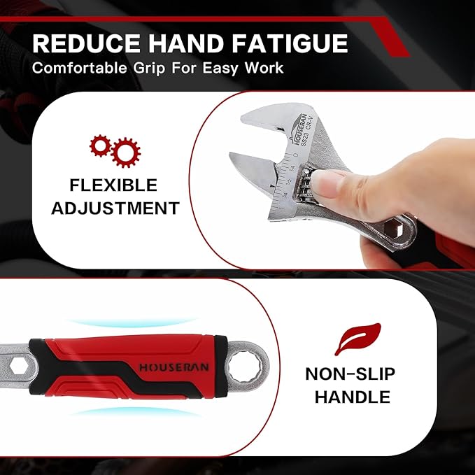 8-Inch Adjustable Wrench, Wide Jaw Adjustable Wrench with Anti-Slip Grips, Cr-V Steel Wrenchs for Home Repair, DIY, Garage