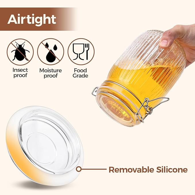 ComSaf Airtight Glass jar with lid 34oz Set of 3, Glass Storage Containers with Lids, Glass Canisters, Striped Clip Fastening Jar for Kitchen Canning, Tea, Pasta, Sugar, Beans, Cookie, Jam, Oat