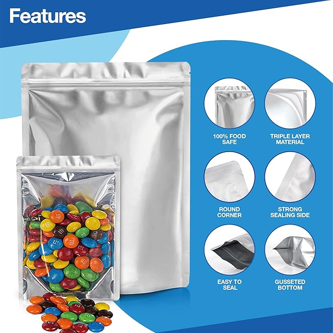 BELLE KR® 100 Pcs Assorted Mylar Bags for Food Storage With Oxygen Absorber 500cc - Large Mylar bags 1 Gallon (10x14), 7x10 & 5x8, 4x6 with 1 Side Clear - (25 Pcs Each) with 100 Labels