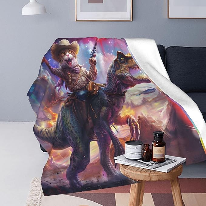 Funny Cat Dinosaur Blanket Galaxy Space Rainbow Decor Throw Blanket Cozy Plush Flannel Fleece Warm Soft Lightweight Fuzzy Blanket Funny Gifts for Boys Girls Teens Women for Bed Sofa Couch 60"X80"