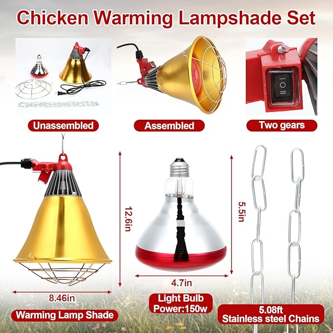 Retisee 8 Pack Winter Chick Heater Brooder Kit Including 12" x 12" Heat Plate 150w Chicken Infrared Red Heat Lamp Feeder and Waterer Kit Perch Flip Top Poultry Feeder for Newborn Livestock Duck Warm