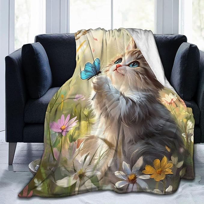 Cat Blanket Gifts for Girls Boys Blue Butterfly Throw Blankets Cozy Plush Cute Flower Fleece Lightweight Flannel Fuzzy 50"X40"