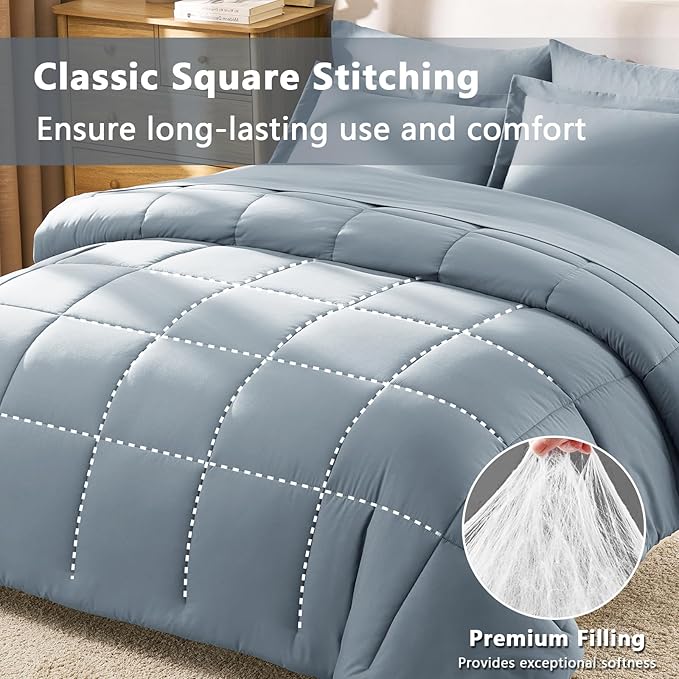 CozyLux Queen Comforter Set Grayish Blue, 7 Pieces Bed in a Bag Queen, All Season Breathable Bedding Sets,Oeko-Tex Certified Bed Set with Down Alternative Comforter, Sheets, Pillowcases & Pillow shams