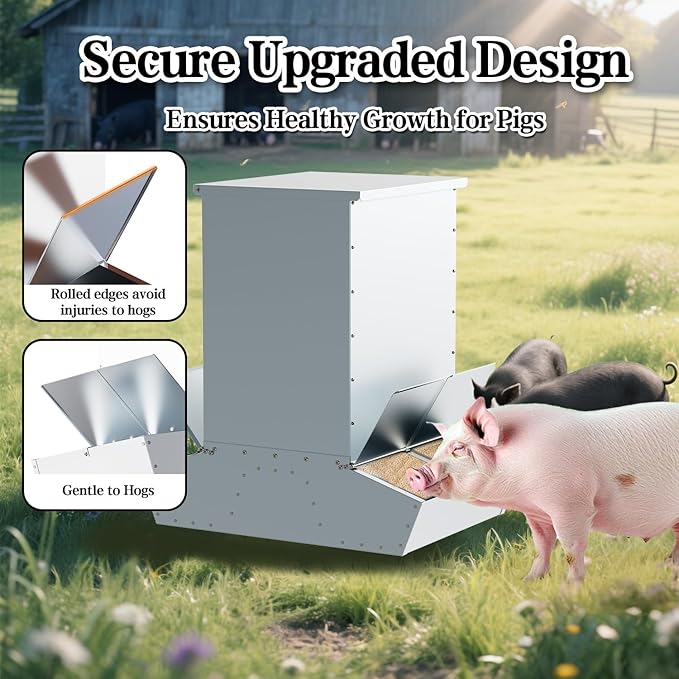 4 Door Hog Feeder, 9 Bushels Pig Feeder, Heavy Duty Galvanized Steel Piglet Creep Feeder, Outdoor Livestock Feeder Farm Accessory for 20 Full Grown Hogs and Pigs, Silver