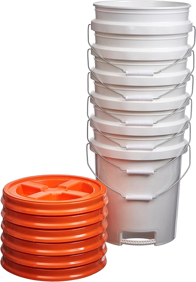 Consolidated Plastics 5 Gallon White Food Grade Buckets with Bottom Grip Handle & Gamma Seal Lids, BPA Free Container Storage, Durable HDPE Pails, Made in USA (6 Pack, Orange Lids)