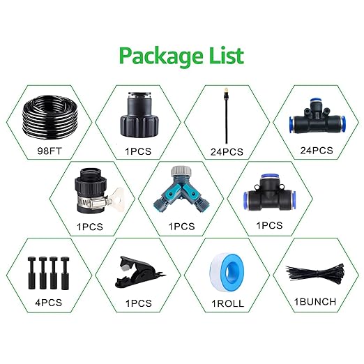 98FT Drip Irrigation Kits with Quick Connector,Automatic Irrigation System with Replaceable 360-degree Bending Dropper,atomizing Copper Nozzle for Watering System for Garden Plant Lawn Patio.