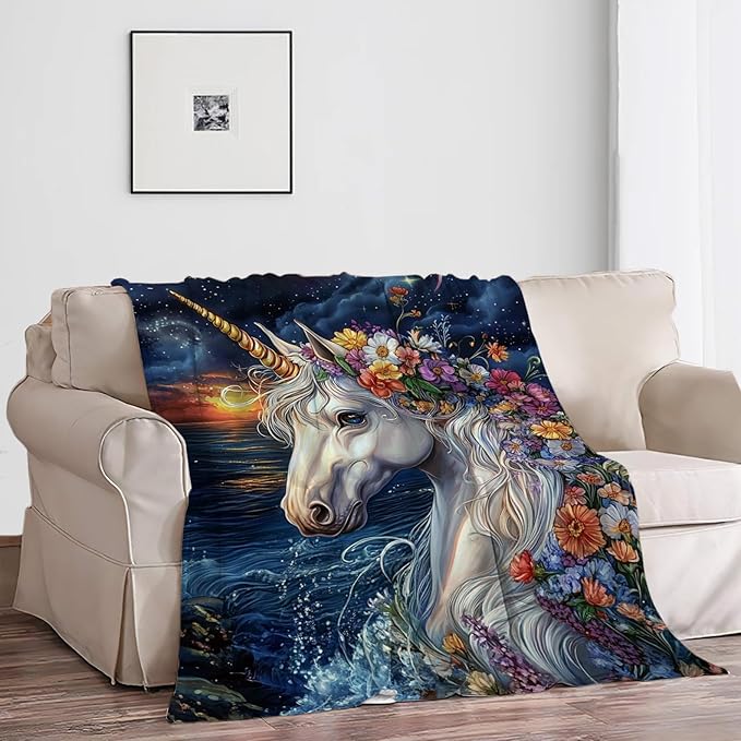 Unicorn Blanket, Ocean Unicorn Throw Blanket, Flower Gifts Blankets Stuff Fleece Flannel Plush for Girls Women Men Boys Lovers Adults Soft Bedding Gift for Sofa Bed Office Home Decor 80"x60"