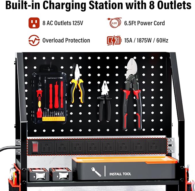 TC-HOMENY Power Tool Organizer Cart with 8 Outlets Charging Power Station, 24 Large Drill Tool Storage Racks with Wheels for Garage, Heavy Duty Tools Organizer Station, Festival Gifts for Men Dads