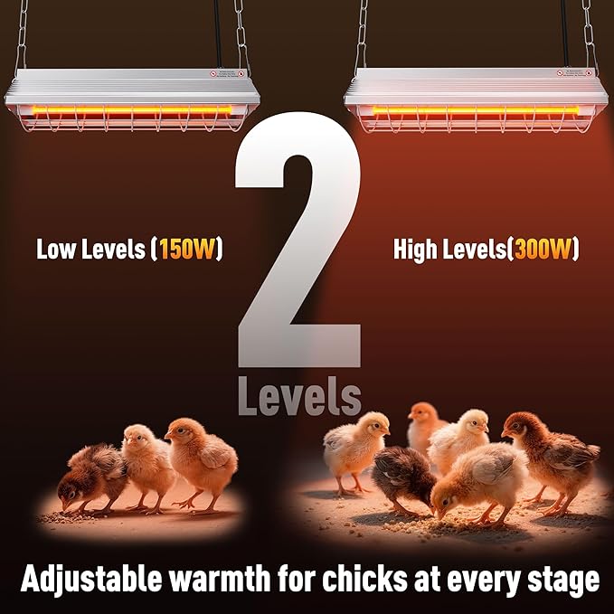 Chicken Coop Heater, Large Infrared Heat Lamp for Poultry, Livestock & Pets, Safe Chicken Brooder Heat Lamp, 2 Levels, 150-300W, Instant & Even Heating, Low Light, Adjustable Height, Silver
