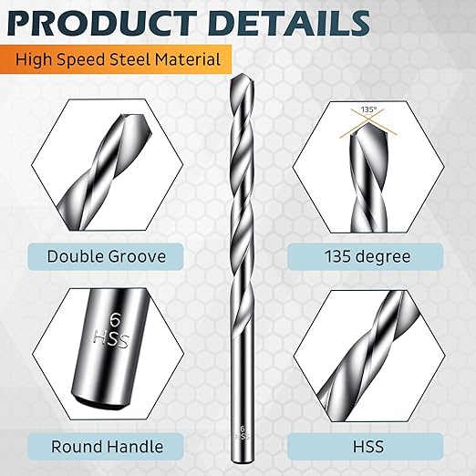 130 Pcs HSS Twist Drill Bit Set - 1/16"-1/4" (0.8mm-6.5mm) - 13 Sizes High Speed Steel High-precision Hex Straight Shank Twist Drill Set for Drywall Cutting Wood Plastic Aluminum Alloy Metal