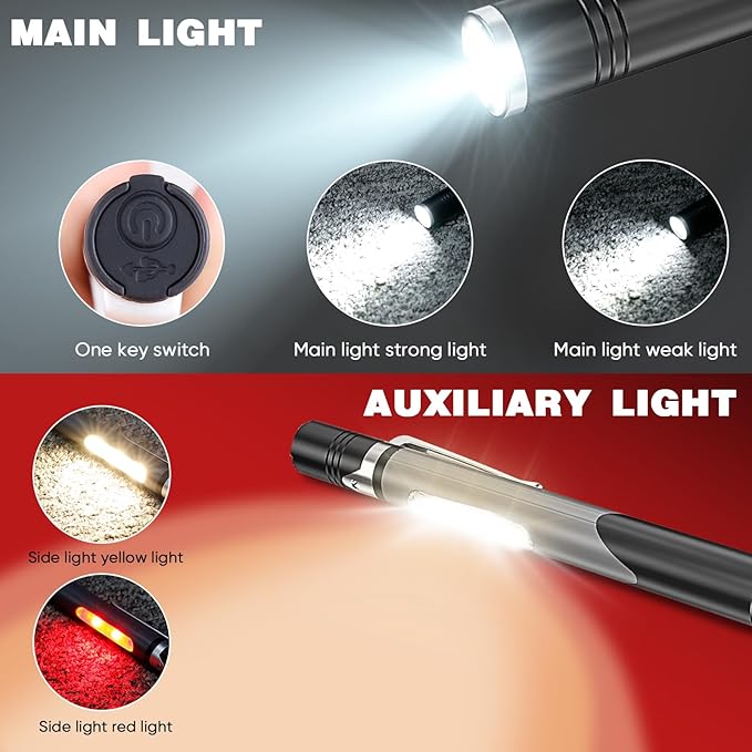 Pen Lights 2 Pack - Ultra Compact EDC Flashlight with White/Red/Yellow Light & Side Light, USB Rechargeable LED Pocket Flashlight for Outdoor Work, Emergency, Repair Tools
