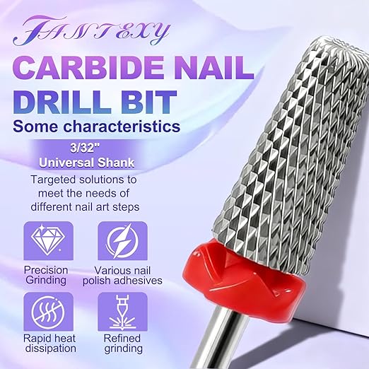 Fantexy 3/32" Carbide Nail Drill Bit - Remove Acrylic Hard Gels Quickly and Safely, 5-in-1 Tungsten Carbide Nail Drill Bit for Nail Art,Manicure,Pedicure,Gel,Cuticle Clean(Fine - F)