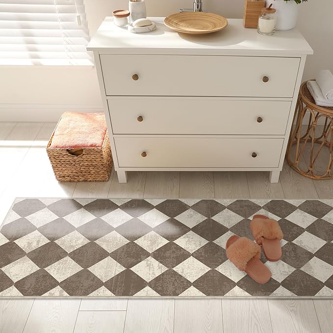 Brown Checkered Washable Runner for Hallway Bedroom 2x6 Modern Geometry Non Slip Rug Low Pile Indoor Floor