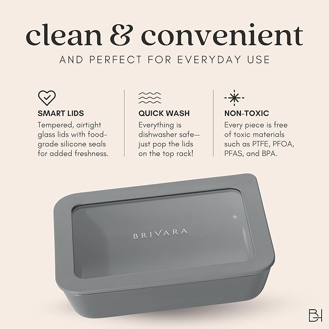 Ceramic Coated Glass Food Storage Container | No PTFE, PFOA, PFAS, and BPA | Reusable Non Toxic Meal Prep Container with Glass Lid | Easy To Store | 5 Cup Square [Smoke]