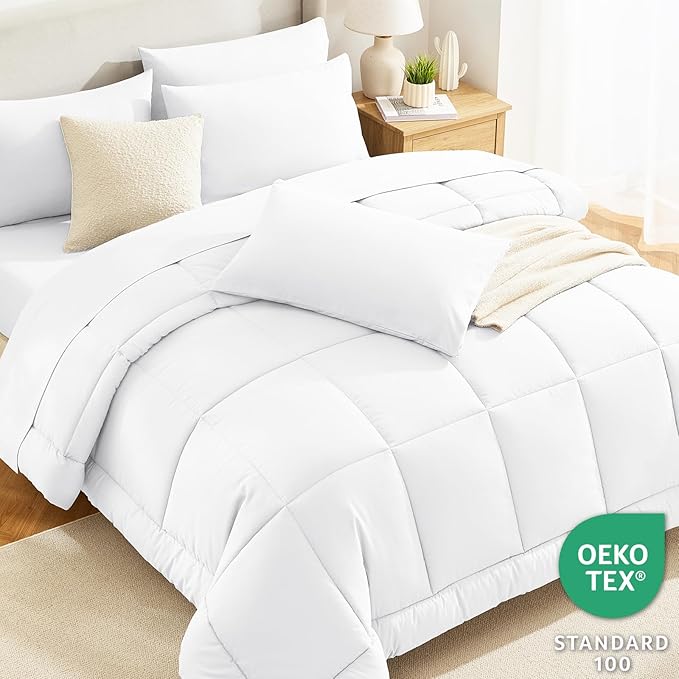 CozyLux Twin XL Comforter Set White, 5 Pieces Twin Extra Long Bed in a Bag for College Dorm, All Season Bedding Set with Stitch Quilted Comforter, Flat Sheet, Fitted Sheet, Pillowcases