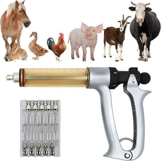 50ML Livestock Syringe Gun, 5 Gears Adjustable Continuous Repeating Luer Lock Syringe with 10 Needles, for Chickens, Ducks, Goose, Pig Bull Sheep, Large And Small Animals